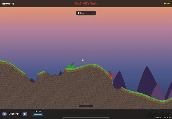 A Chaotic Tanx development build with two tanks on hilly terrain and a projectile in flight.