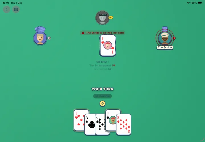 Rachel on iPad, showing the card table, three character opponents and the player’s hand.